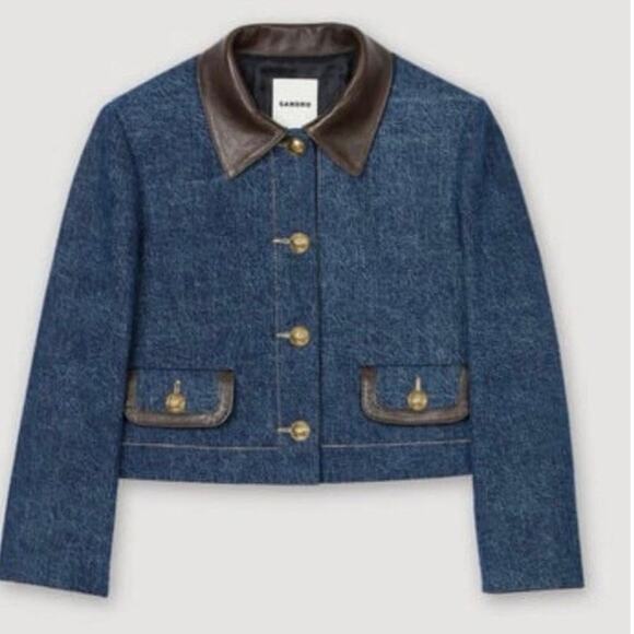 Sandro Denim Jacket with Leather Collar - Picture 1 of 16